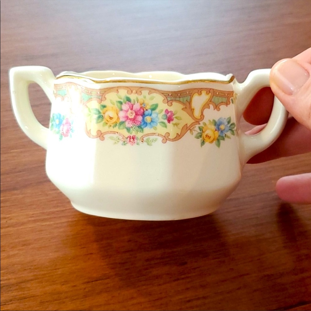 Vintage Sugar Bowl, Cream with Gold and Floral Design